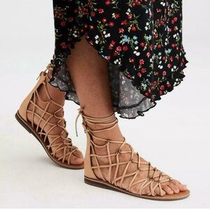 American Eagle Caged Gladiator Sandals Tan Faux Leather Sz 9